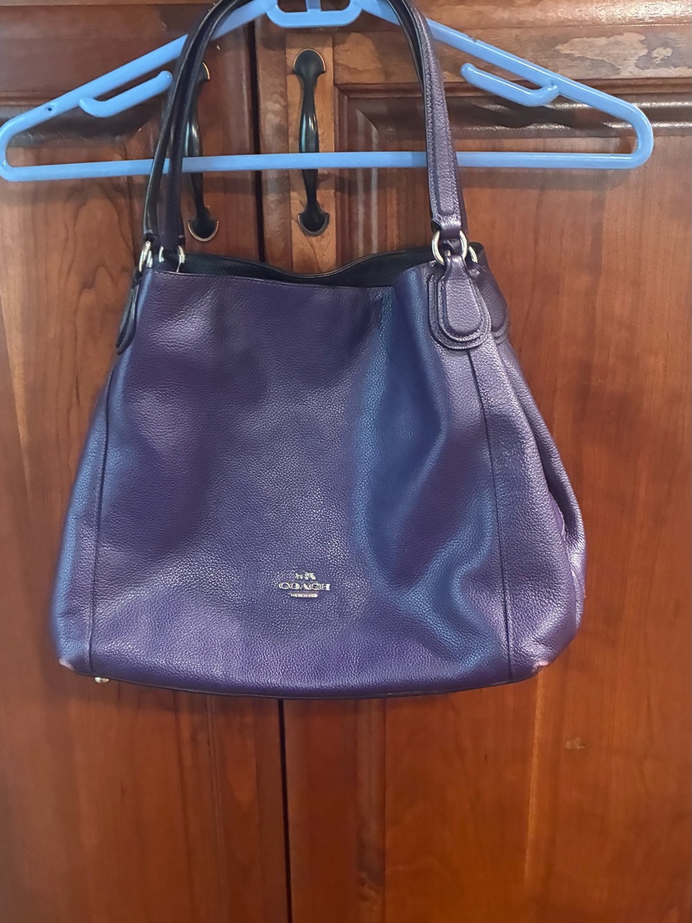 Purple Coach Edie pebbled leather shoulder handbag